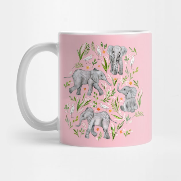 Baby Elephants and Egrets in watercolor - blush pink by micklyn